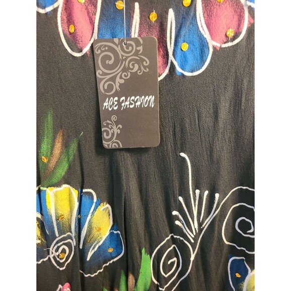 NWT One Size Ace Fashion Black Hand Painted Floral Tunic Sundress Swimsuit Cover - Picture 2 of 7